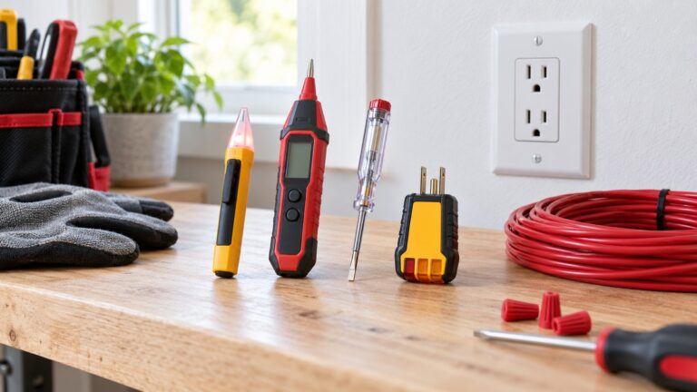 Generic voltage testers arranged on a bright workbench beside a safely displayed wall outlet.