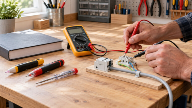 Hands use an electric tester on a de-energized practice circuit at a workbench.
