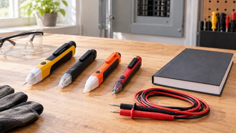 Several non-contact voltage detector pens sit beside test leads and safety gear.