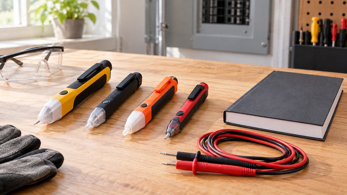 Several non-contact voltage detector pens sit beside test leads and safety gear.