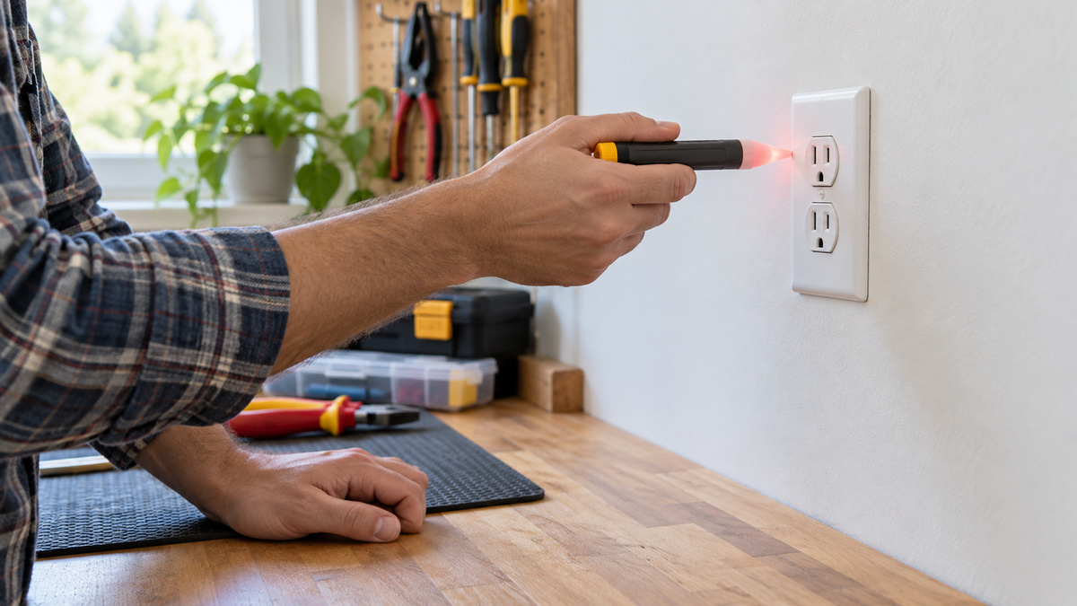 A person safely using a generic non-contact voltage detector pen near a wall outlet.