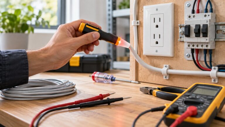 Hand using a voltage reader safely at a clean test workbench.