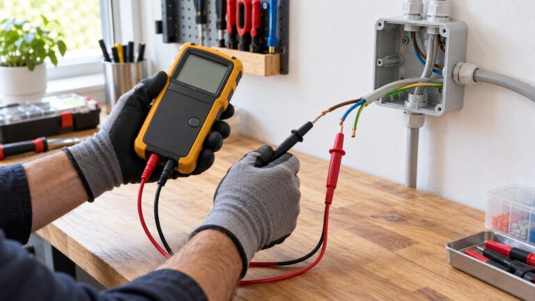 Gloved hands use an insulation resistance tester on disconnected wiring at a workbench.