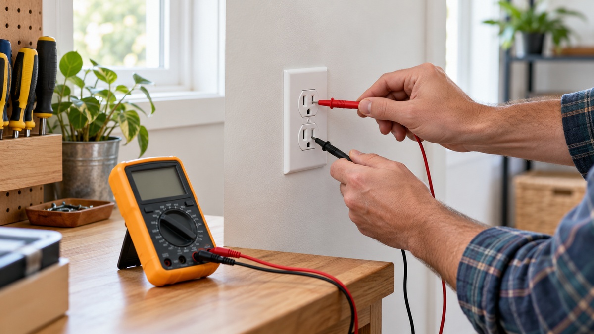 An adult safely positions multimeter probes at a household wall outlet in a bright workshop.