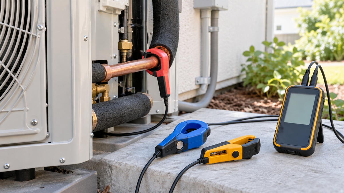 Three HVAC temperature clamp probes are displayed beside an outdoor unit with one attached to a copper pipe.