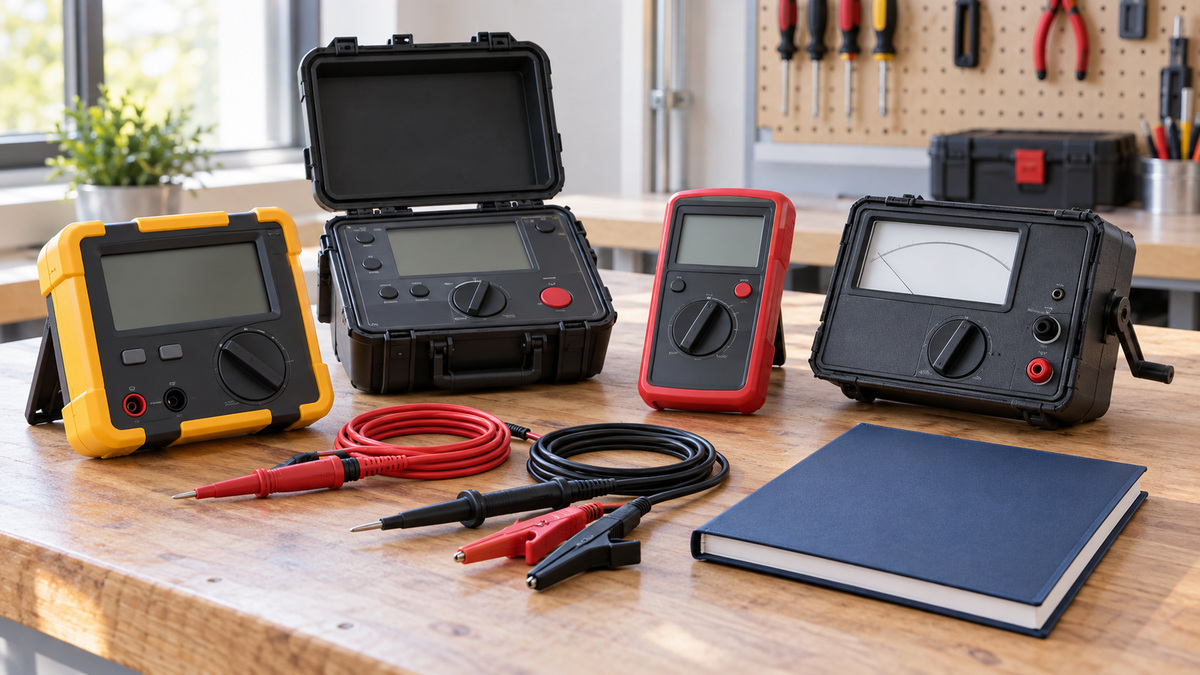 Insulation resistance test instruments and color-coded leads are compared on a clean workbench.