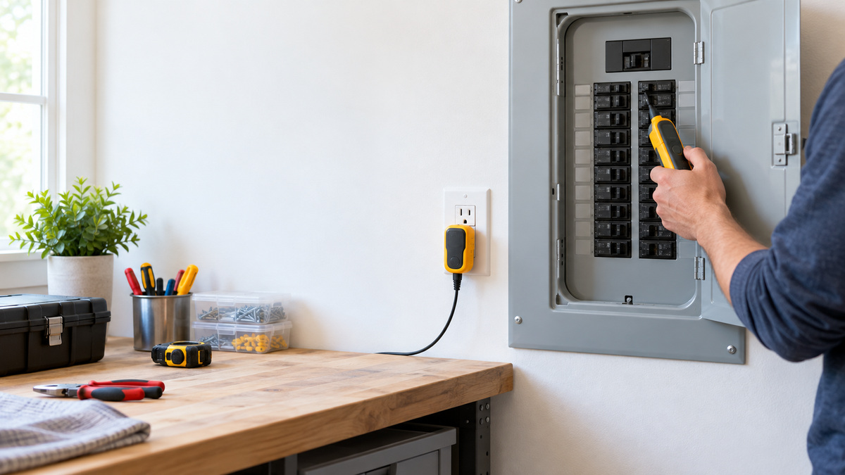 A homeowner holding a breaker finder receiver at an open panel door while the transmitter sits in a nearby outlet.
