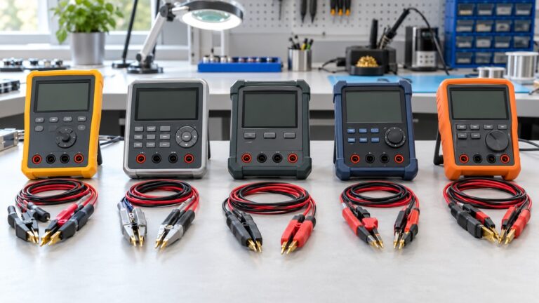 Five low-resistance ohmmeters with blank screens and test leads are arranged on an electronics bench.