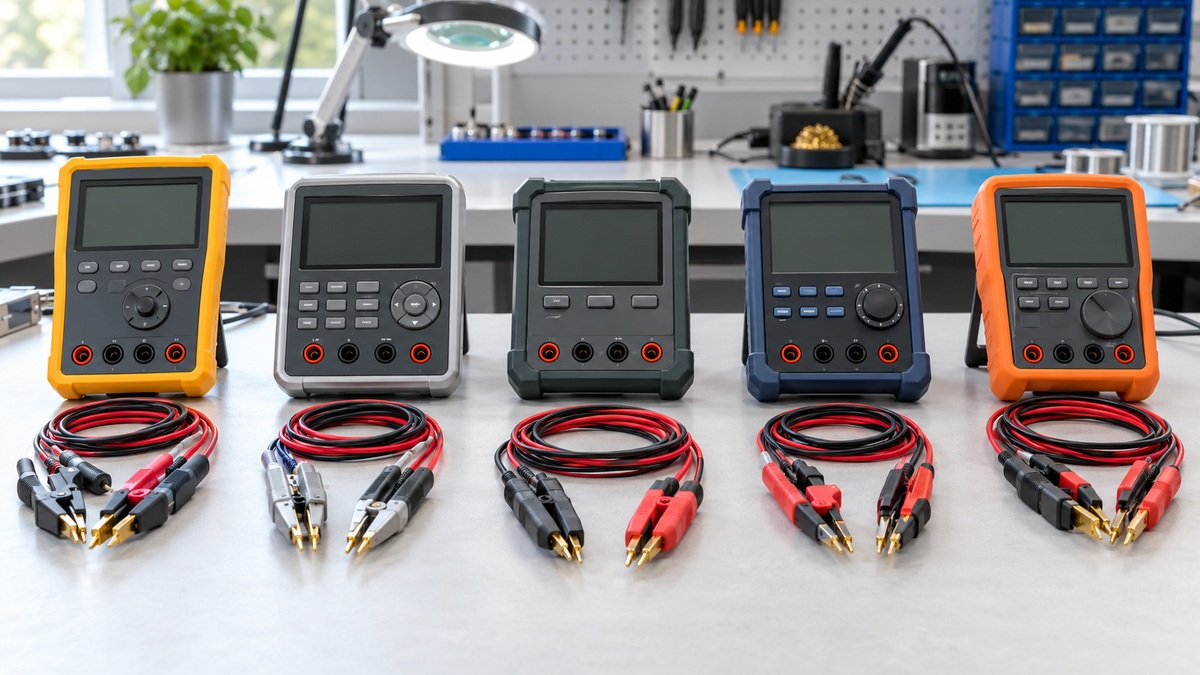 Five low-resistance ohmmeters with blank screens and test leads are arranged on an electronics bench.