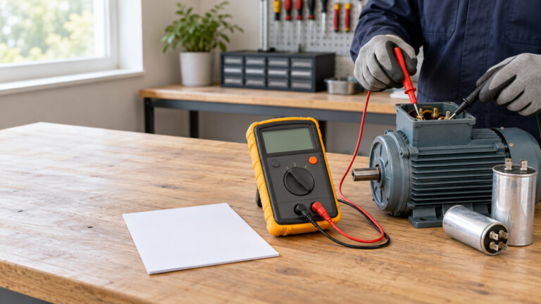 A technician checking motor insulation with a digital megaohm meter and leads on a workbench.