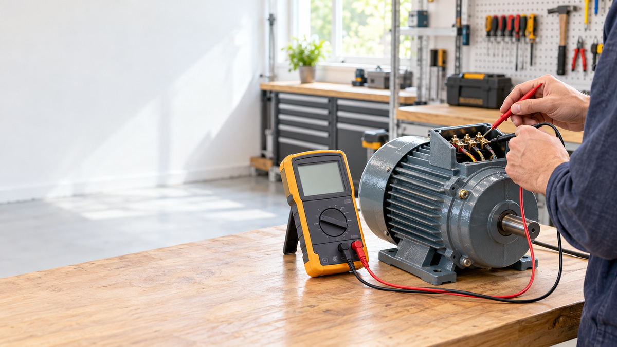 A technician using a digital megohmmeter with test leads on a motor in a workshop.