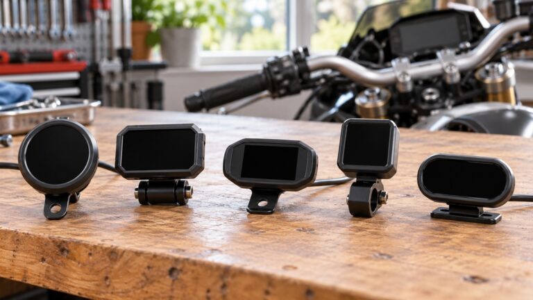 Five unbranded motorcycle voltmeter housings with blank screens arranged on a bright workshop bench.