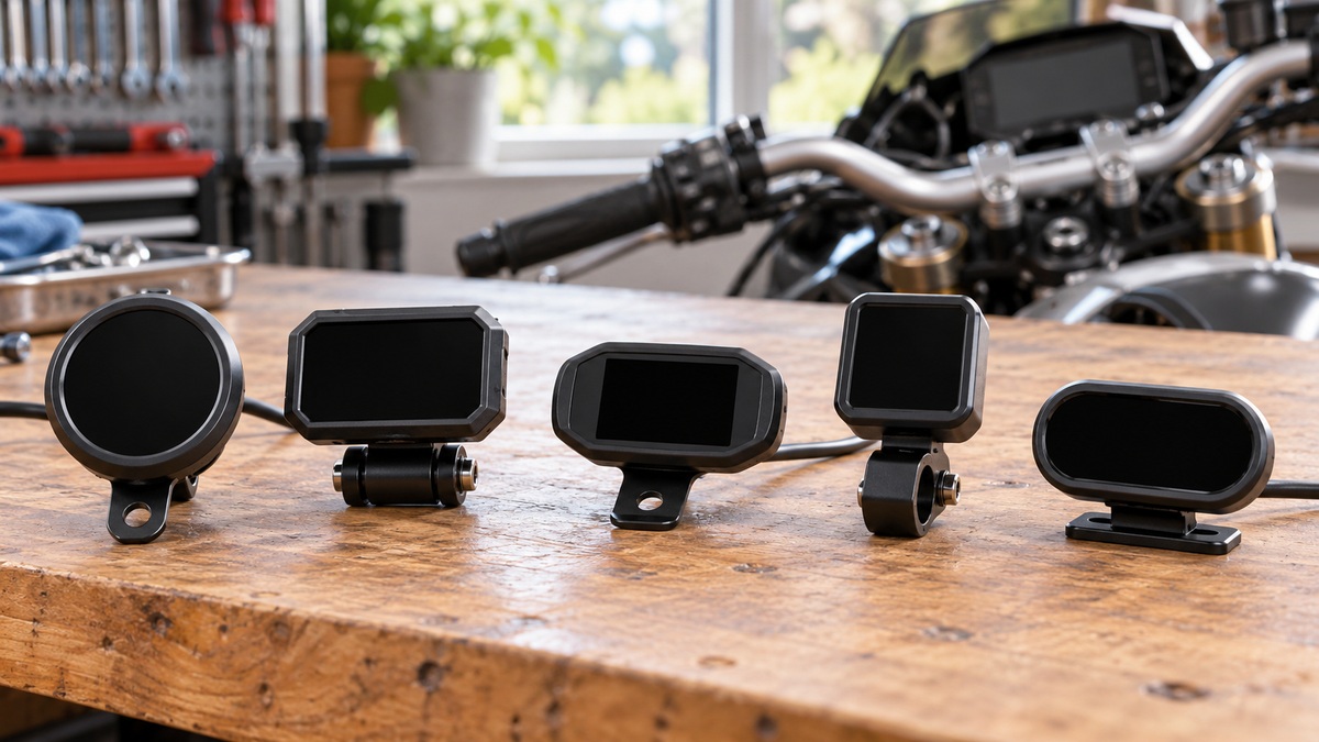 Five unbranded motorcycle voltmeter housings with blank screens arranged on a bright workshop bench.