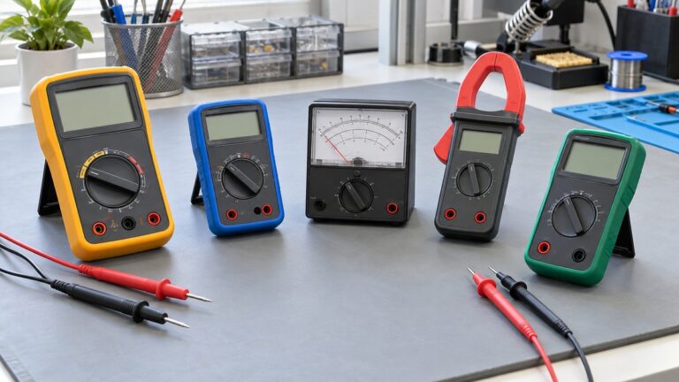 Several generic electrical measuring instruments and separated probes on an insulated bench.