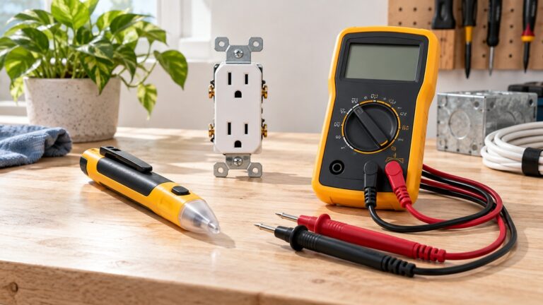 Non-contact voltage tester and digital multimeter on a workbench.