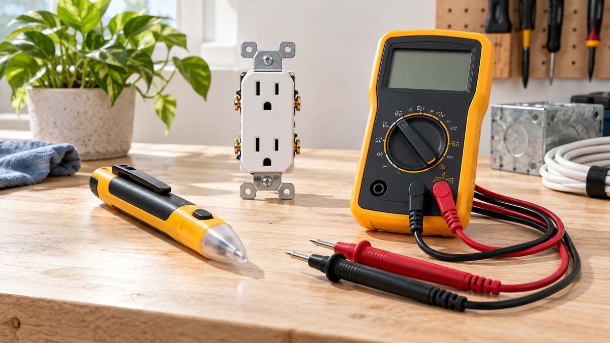 Non-contact voltage tester and digital multimeter on a workbench.
