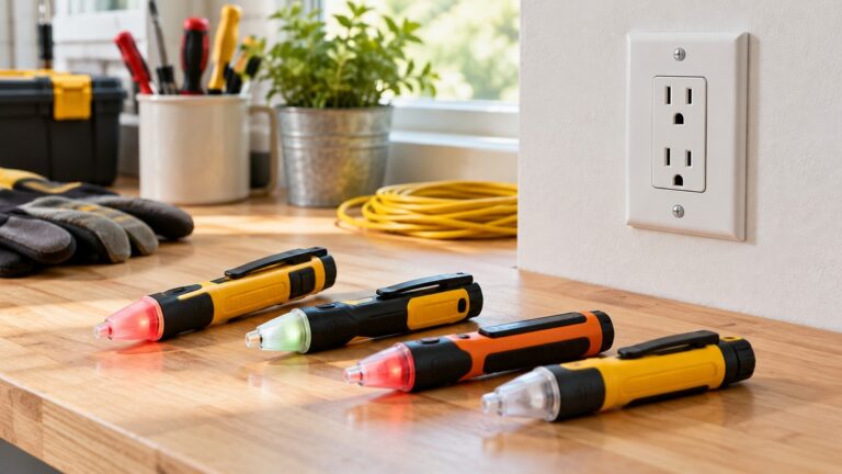 Generic non-contact voltage detectors beside a wall outlet.