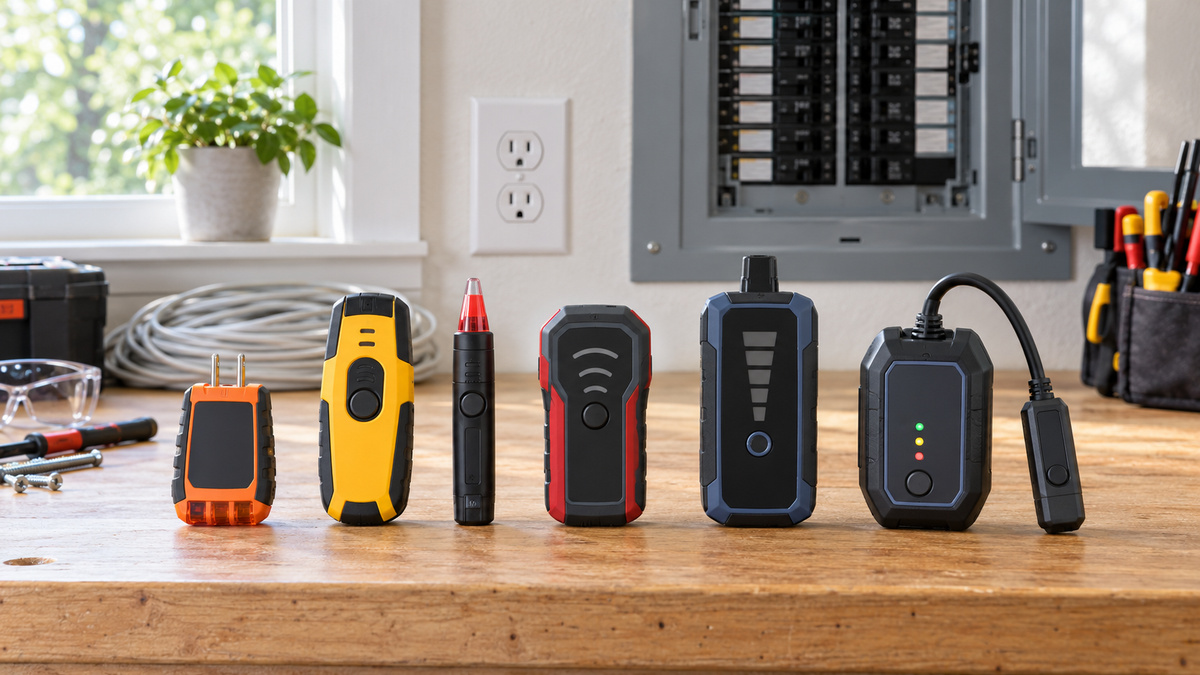 Six generic outlet breaker finder tools arranged on a bright electrician's workbench.