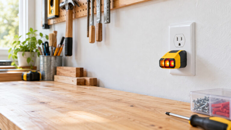 A close-up of a plug-in outlet checker inserted in a standard North American wall outlet with indicator lights visible.
