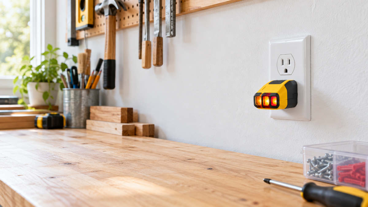 A close-up of a plug-in outlet checker inserted in a standard North American wall outlet with indicator lights visible.