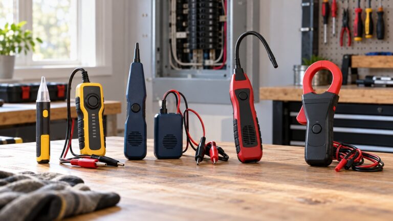 Generic electrical short-circuit finder tools arranged in a home workshop.