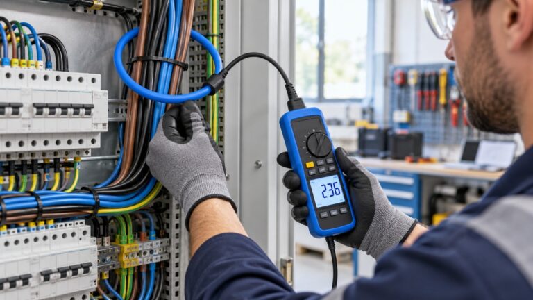 A blue flexible clamp meter with a long bendable probe wrapped around a bundle of cables, its backlit display showing a current reading.