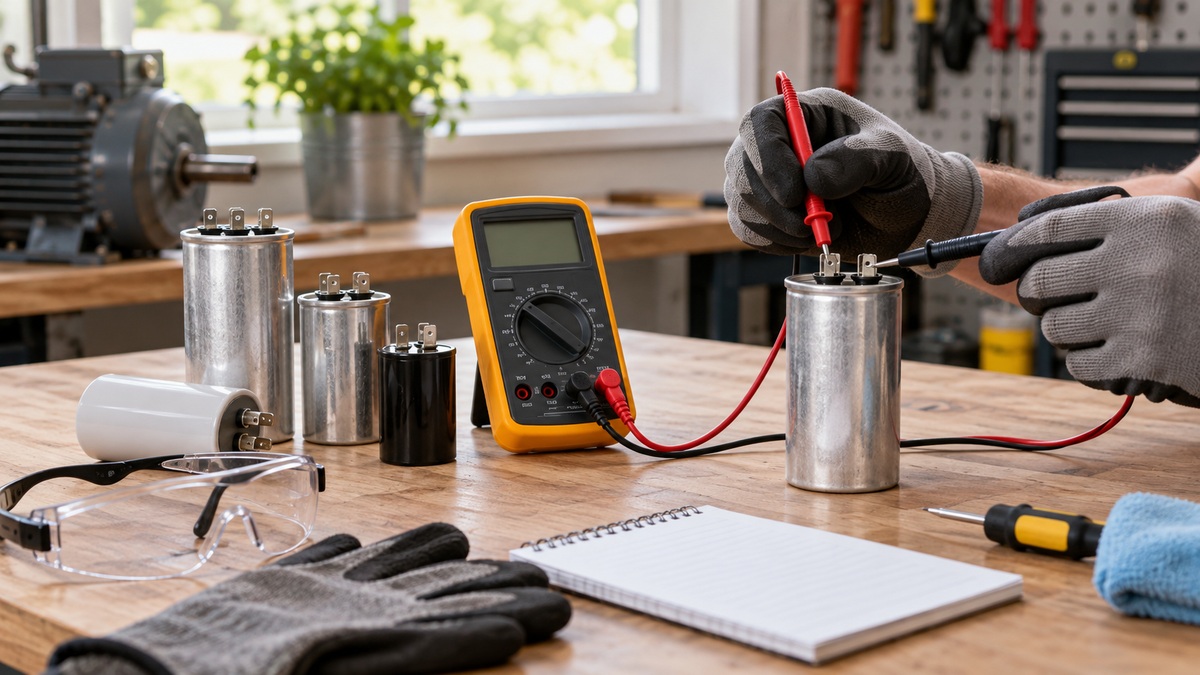 A multimeter and several motor start capacitors arranged for safe testing on a workbench.