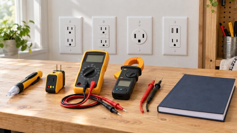 A clean workbench scene showing several test wall outlet styles beside labeled leads and a safety manual, with no prices or retailer branding.