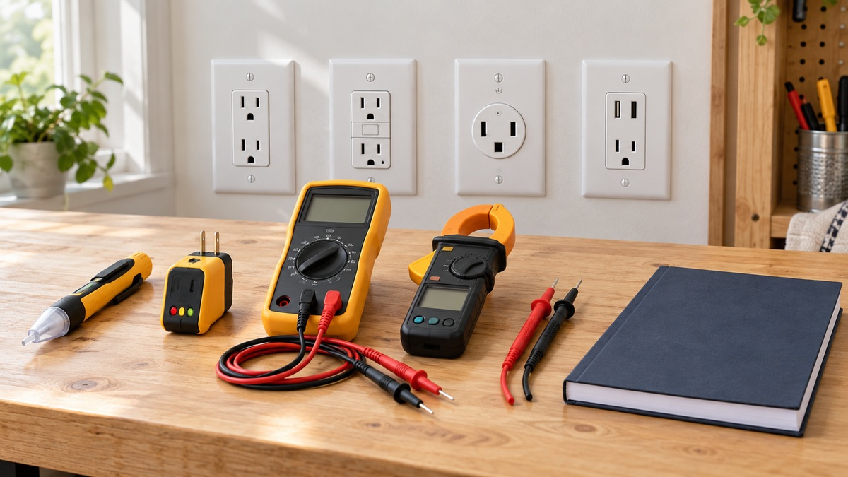 A clean workbench scene showing several test wall outlet styles beside labeled leads and a safety manual, with no prices or retailer branding.