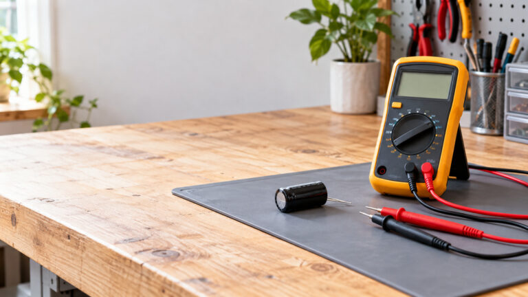 A workbench photo showing a digital multimeter with leads next to a disconnected capacitor on a mat.