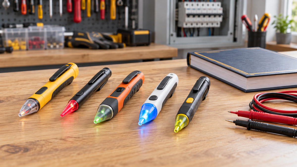 Several pen-style TIC voltage tracers beside test leads on an organized workbench.
