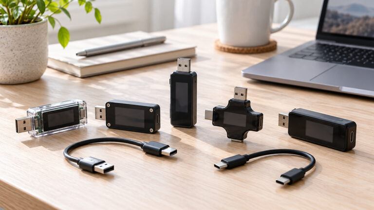Generic USB voltmeters and short USB cables arranged on a bright electronics desk.