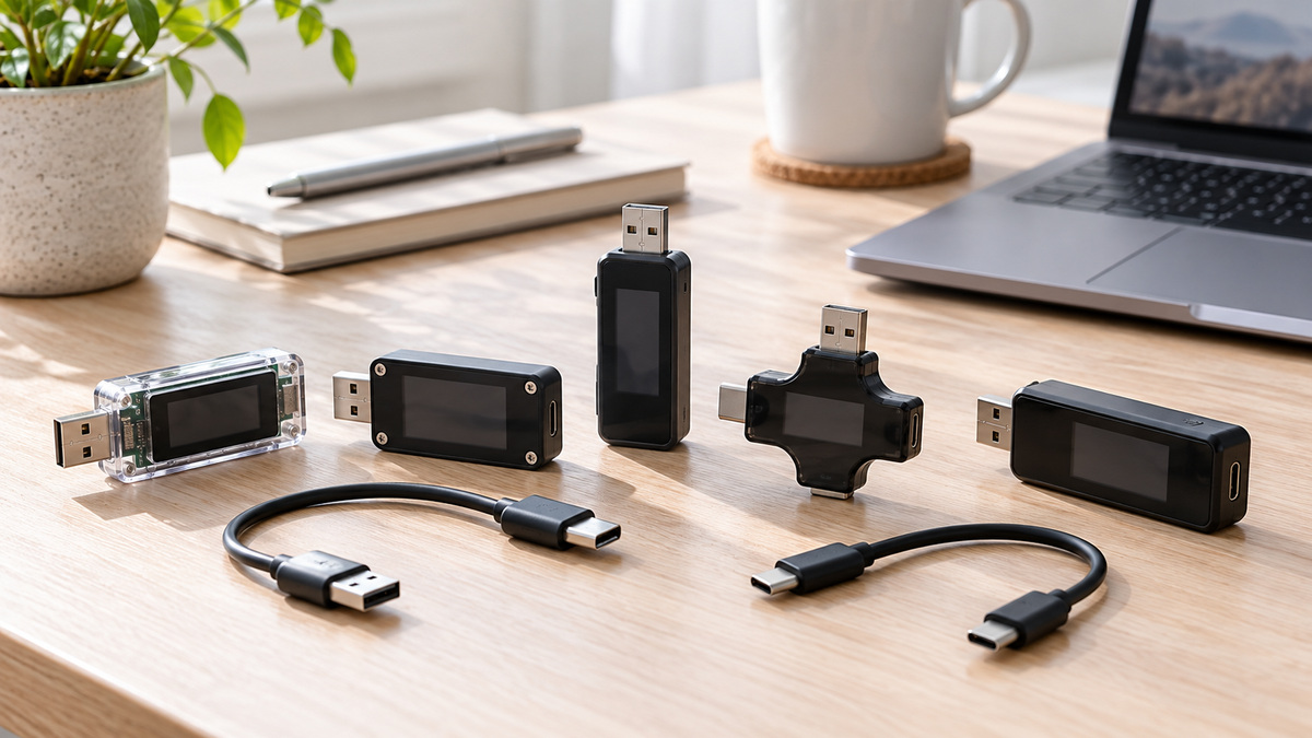Generic USB voltmeters and short USB cables arranged on a bright electronics desk.
