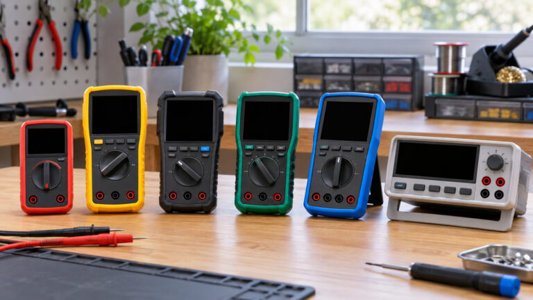 Six generic voltmeters arranged for comparison on an electronics workbench.