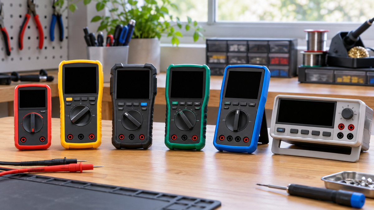 Six generic voltmeters arranged for comparison on an electronics workbench.