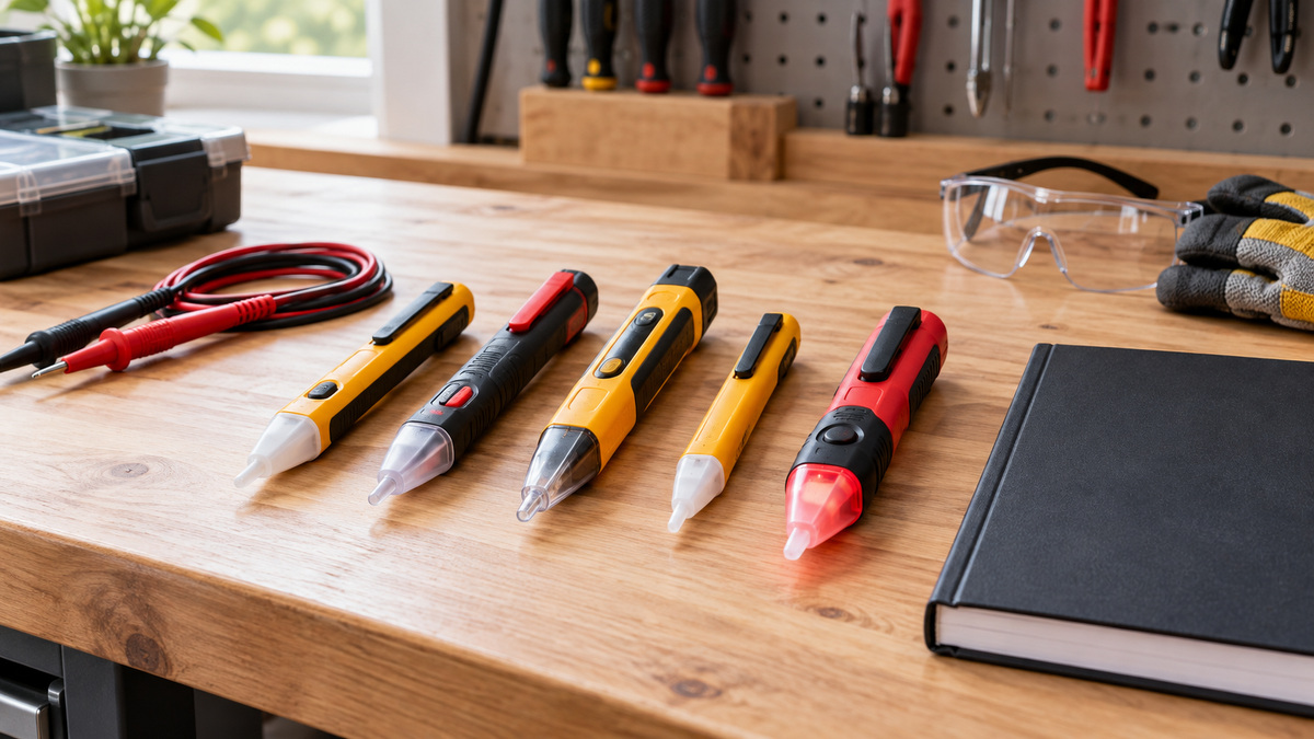 Several generic volt sticks arranged with safety gear on a clean electrical workbench.