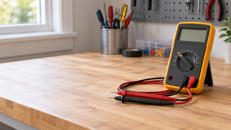 A close-up of a digital multimeter dial set to continuity beside test leads on a workbench.