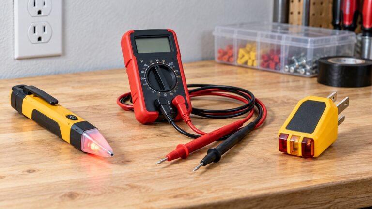 Common voltage tester styles arranged on a clean workbench.