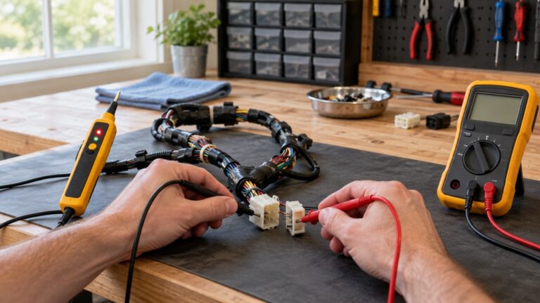 Hands use meter probes to perform a continuity test on a disconnected wire harness.