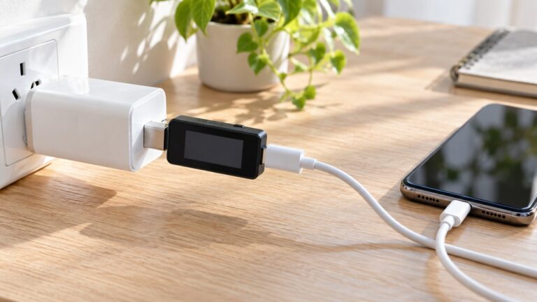 A small black USB tester with a color display and a USB-C connector, plugged into a phone charger cable on a desk.