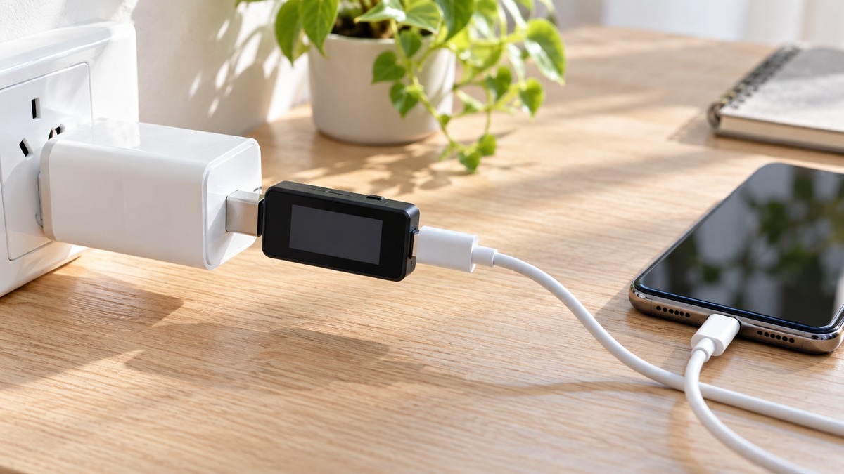 A small black USB tester with a color display and a USB-C connector, plugged into a phone charger cable on a desk.