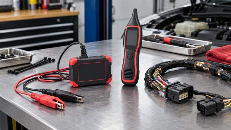 A transmitter and a receiver for a 6 to 42 V vehicle wiring tracer laid on a workbench beside a wire harness.