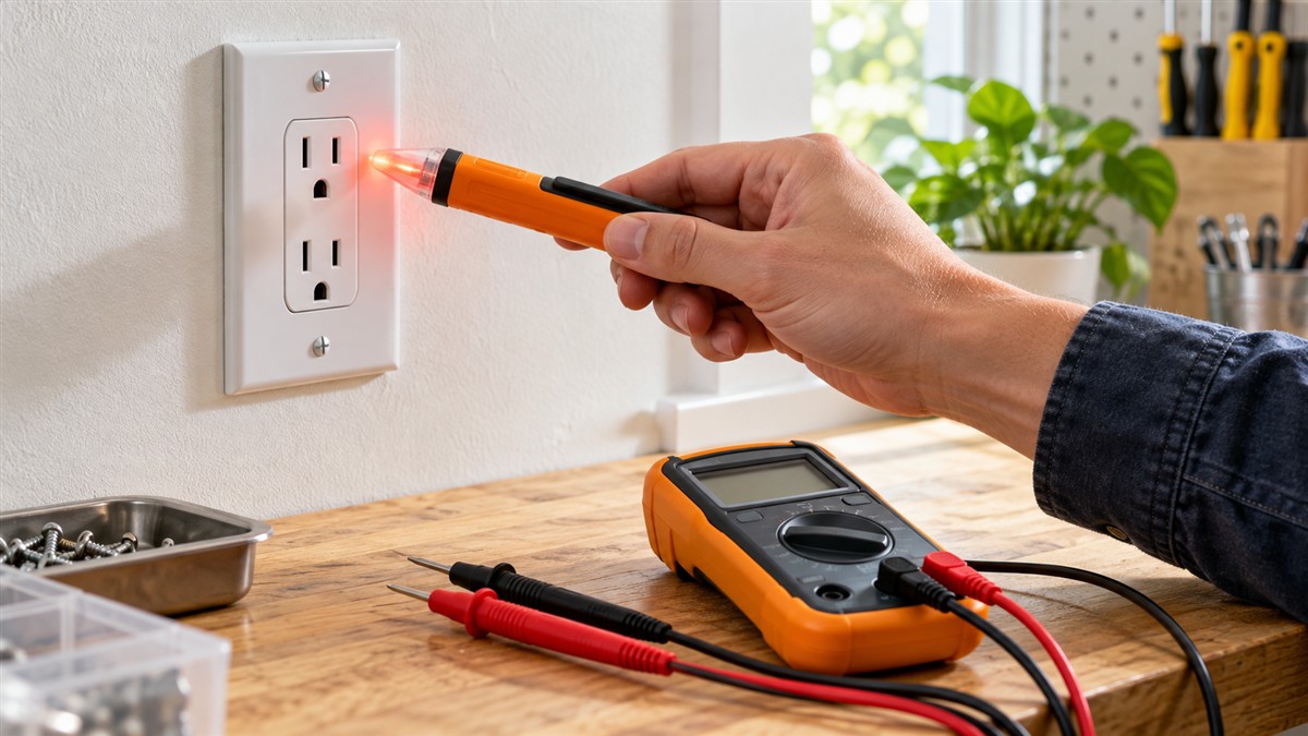 A slim orange non-contact voltage pen held near a wall outlet, with a multimeter resting beside it on a workbench.