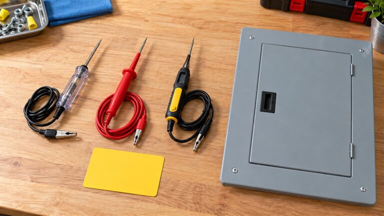 A flat-lay of three automotive test lights beside a closed electrical panel cover, with a small caution card reading check the stated use.
