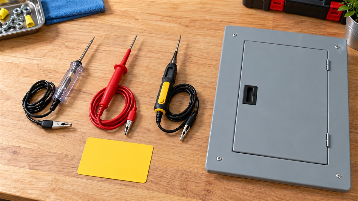 A flat-lay of three automotive test lights beside a closed electrical panel cover, with a small caution card reading check the stated use.