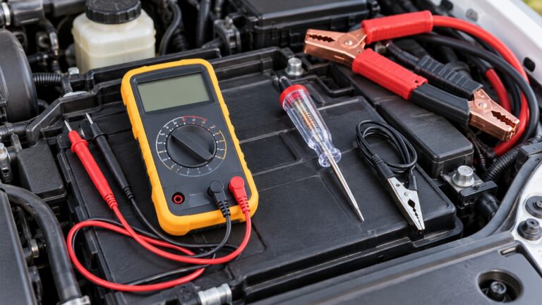 A digital multimeter and a test light lying on a car battery tray beside a set of jumper leads.