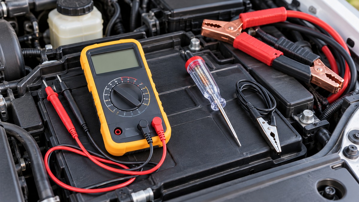 A digital multimeter and a test light lying on a car battery tray beside a set of jumper leads.