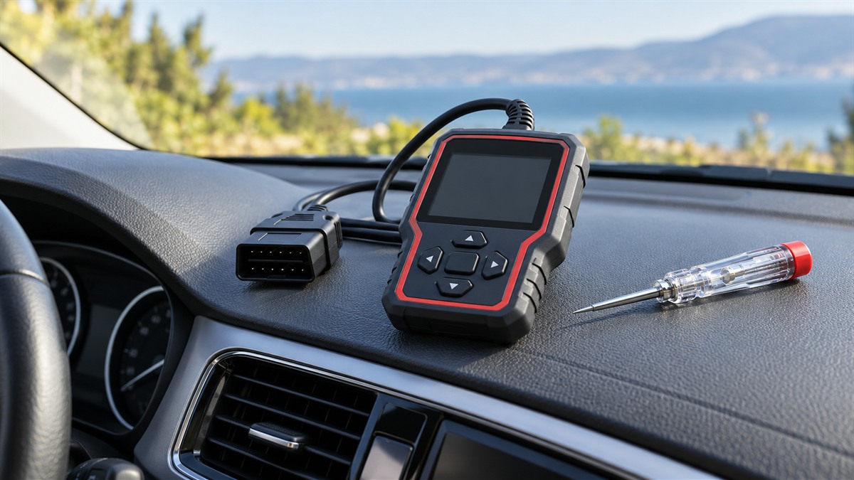 A plug-in OBD2 scanner resting on the dashboard of a parked car beside a voltage pen, with the engine off and the battery cover closed.