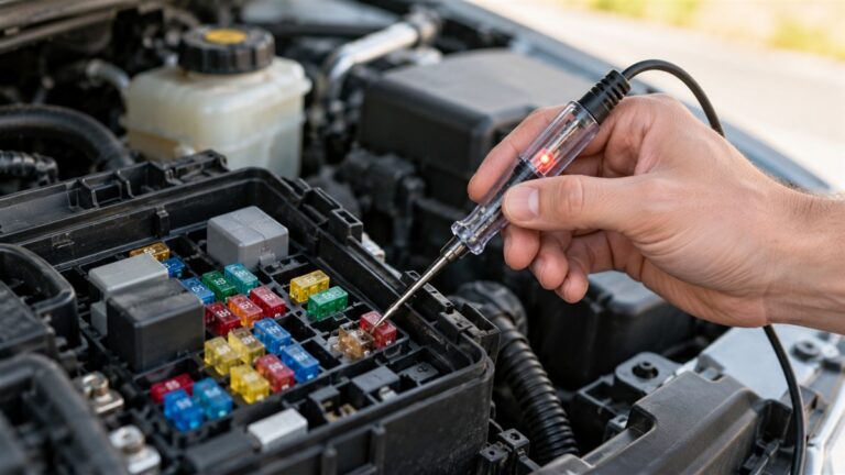 A hand holding a small digital test pen with a probe lead touching a car fuse panel, shown in daylight.