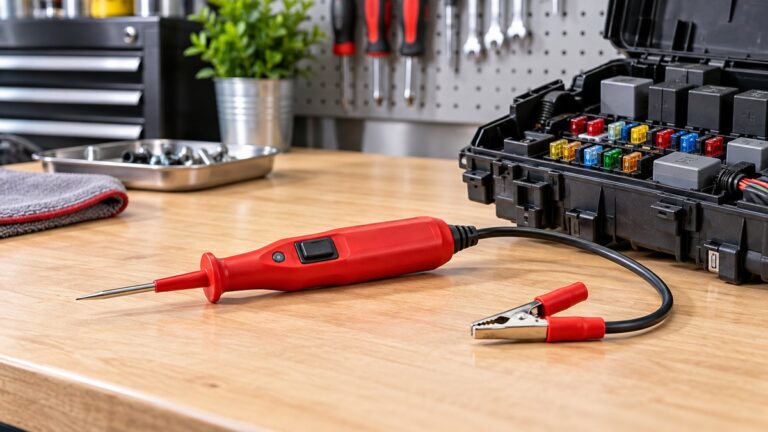 A red power probe tester with a short lead and clip resting on a workbench beside a labeled fuse panel.